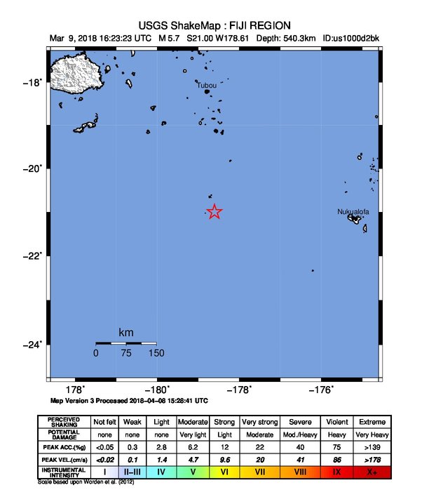 USGS ShakeMap: estimated shaking intensity around the epicenter