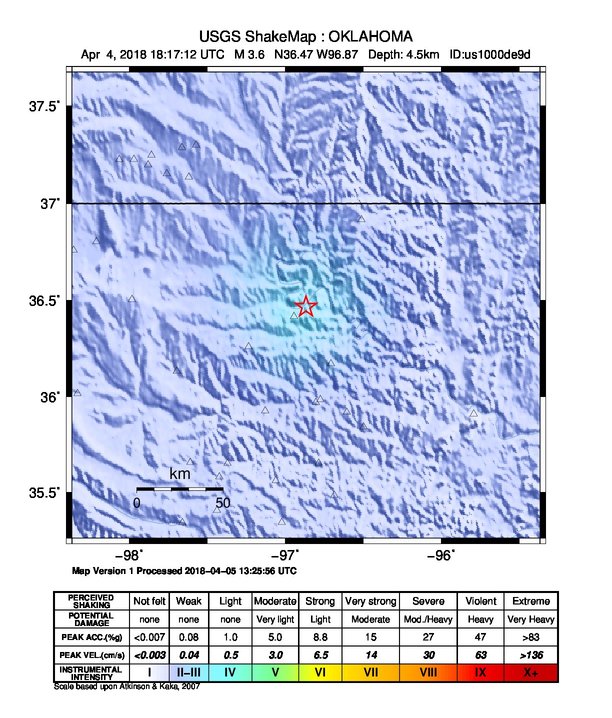 USGS ShakeMap: estimated shaking intensity around the epicenter
