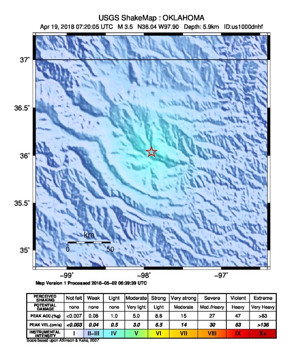 USGS ShakeMap: estimated shaking intensity around the epicenter
