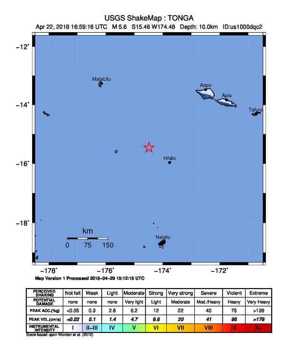 USGS ShakeMap: estimated shaking intensity around the epicenter