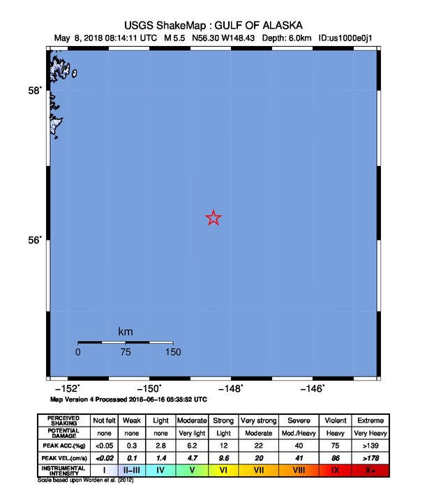 USGS ShakeMap: estimated shaking intensity around the epicenter