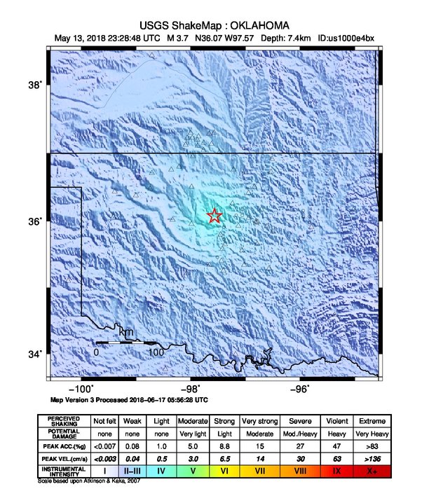 USGS ShakeMap: estimated shaking intensity around the epicenter