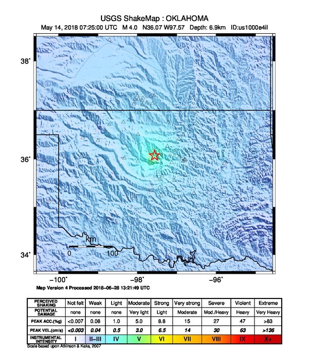 USGS ShakeMap: estimated shaking intensity around the epicenter