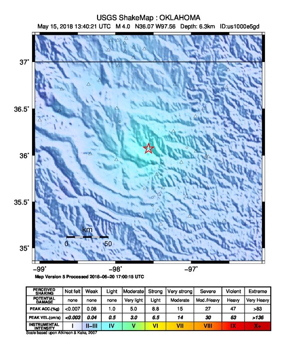 USGS ShakeMap: estimated shaking intensity around the epicenter