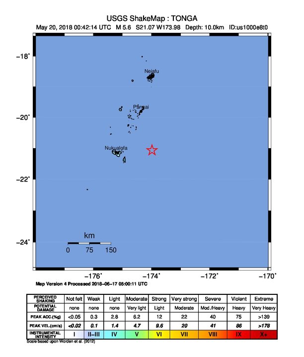 USGS ShakeMap: estimated shaking intensity around the epicenter