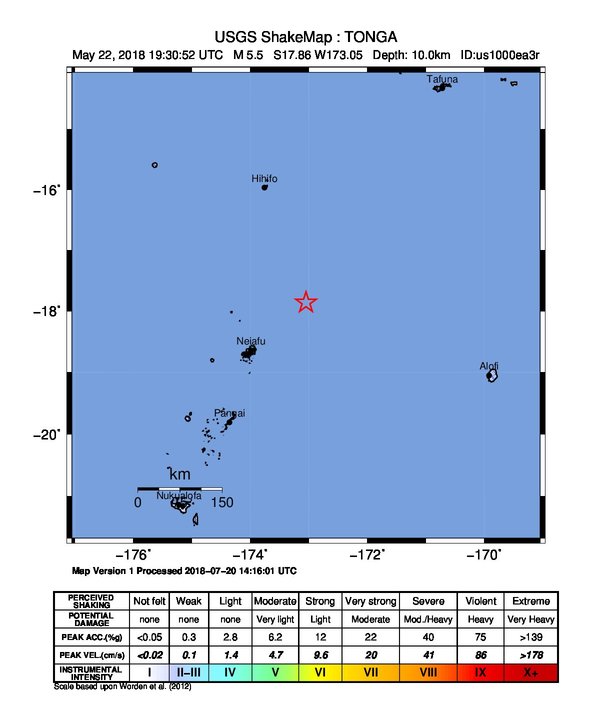 USGS ShakeMap: estimated shaking intensity around the epicenter