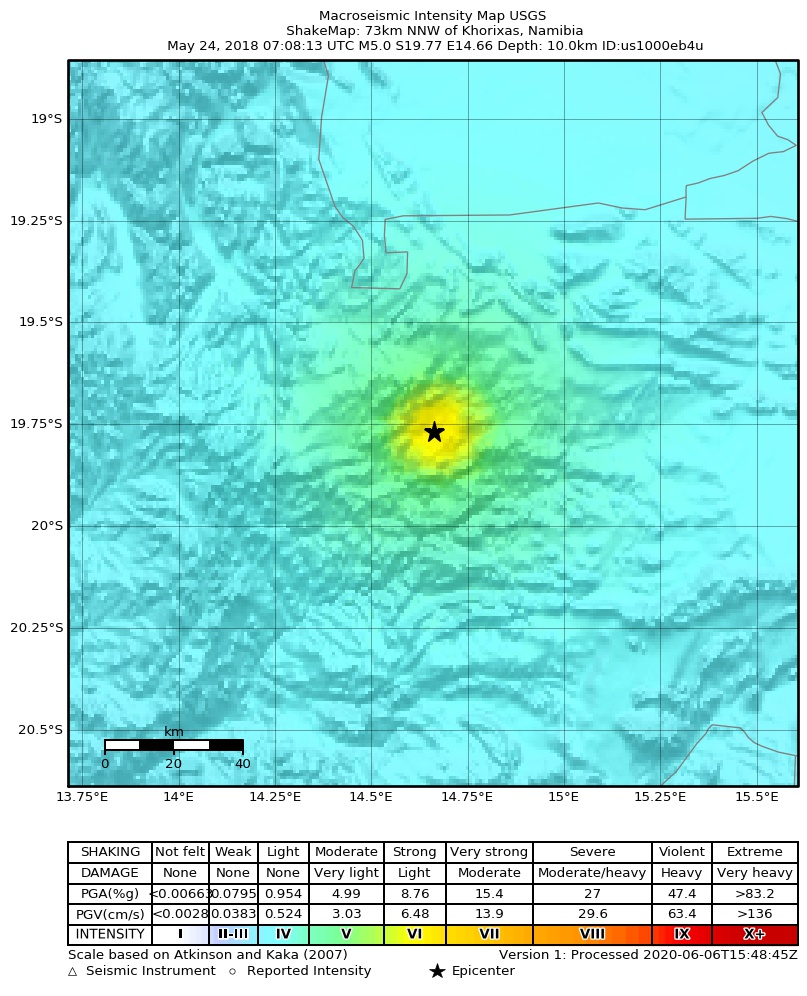 USGS ShakeMap: estimated shaking intensity around the epicenter