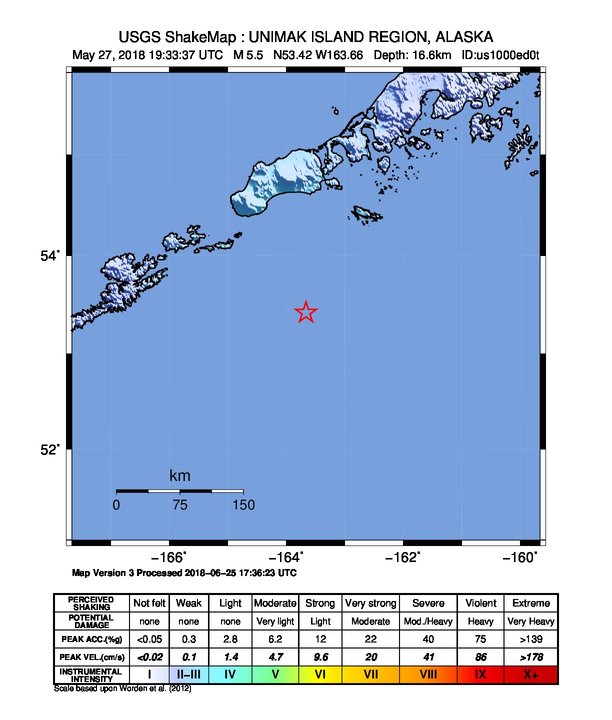 USGS ShakeMap: estimated shaking intensity around the epicenter