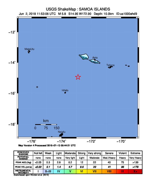 USGS ShakeMap: estimated shaking intensity around the epicenter