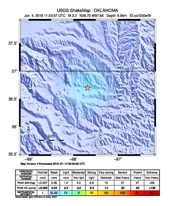 USGS ShakeMap: estimated shaking intensity around the epicenter