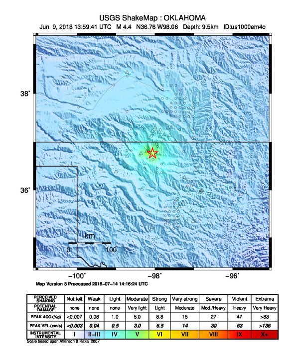 USGS ShakeMap: estimated shaking intensity around the epicenter