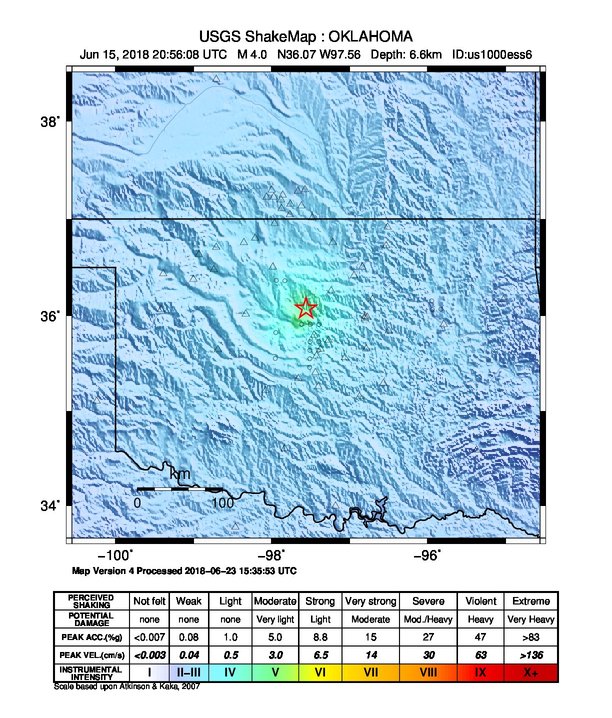 USGS ShakeMap: estimated shaking intensity around the epicenter