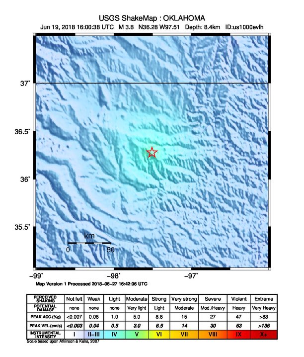 USGS ShakeMap: estimated shaking intensity around the epicenter