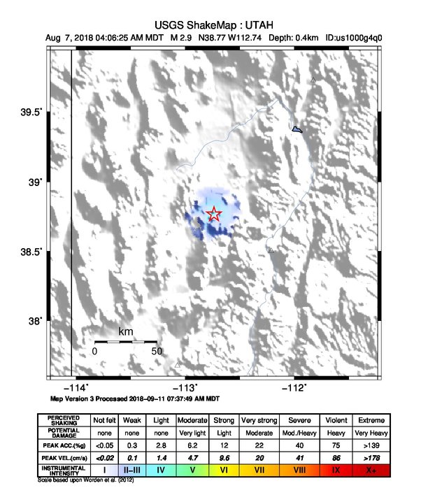 USGS ShakeMap: estimated shaking intensity around the epicenter
