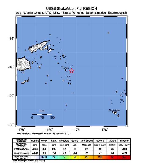 USGS ShakeMap: estimated shaking intensity around the epicenter