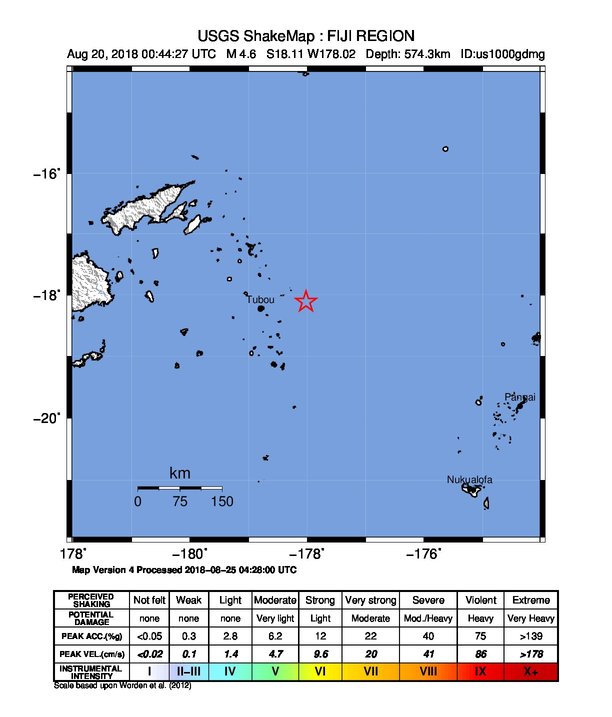 USGS ShakeMap: estimated shaking intensity around the epicenter