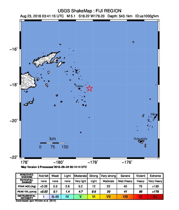 USGS ShakeMap: estimated shaking intensity around the epicenter