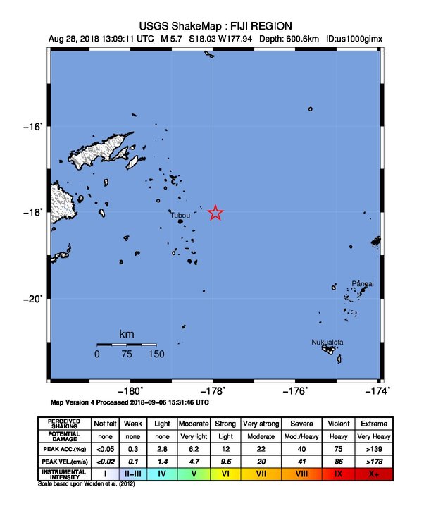USGS ShakeMap: estimated shaking intensity around the epicenter
