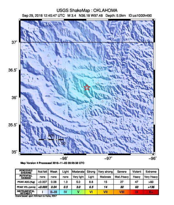 USGS ShakeMap: estimated shaking intensity around the epicenter