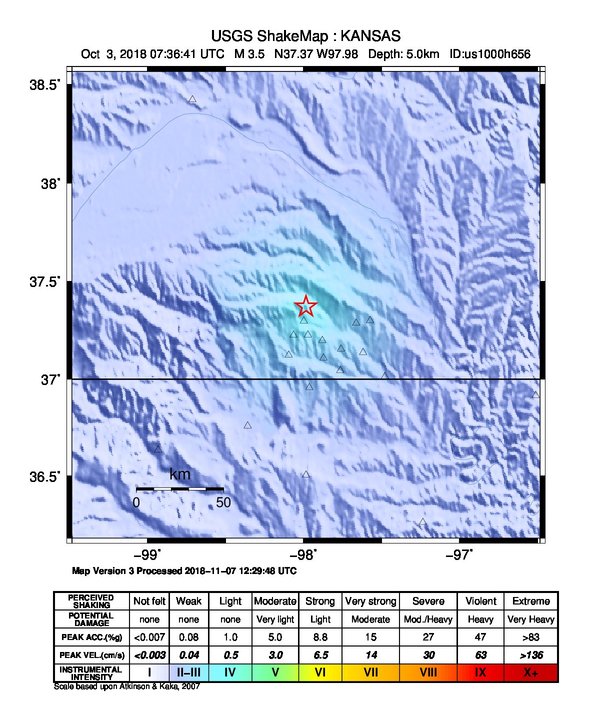 USGS ShakeMap: estimated shaking intensity around the epicenter