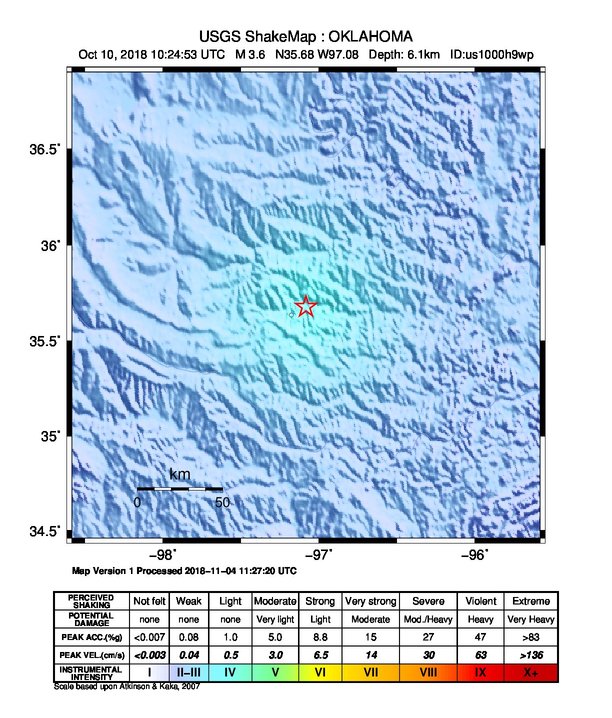 USGS ShakeMap: estimated shaking intensity around the epicenter