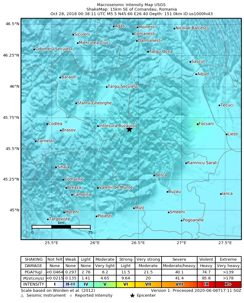 USGS ShakeMap: estimated shaking intensity around the epicenter