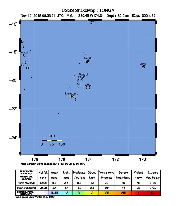 USGS ShakeMap: estimated shaking intensity around the epicenter