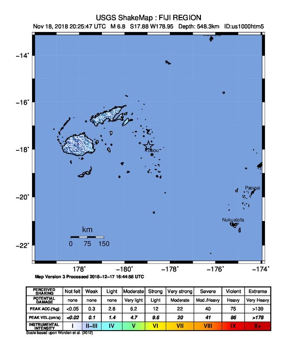 USGS ShakeMap: estimated shaking intensity around the epicenter