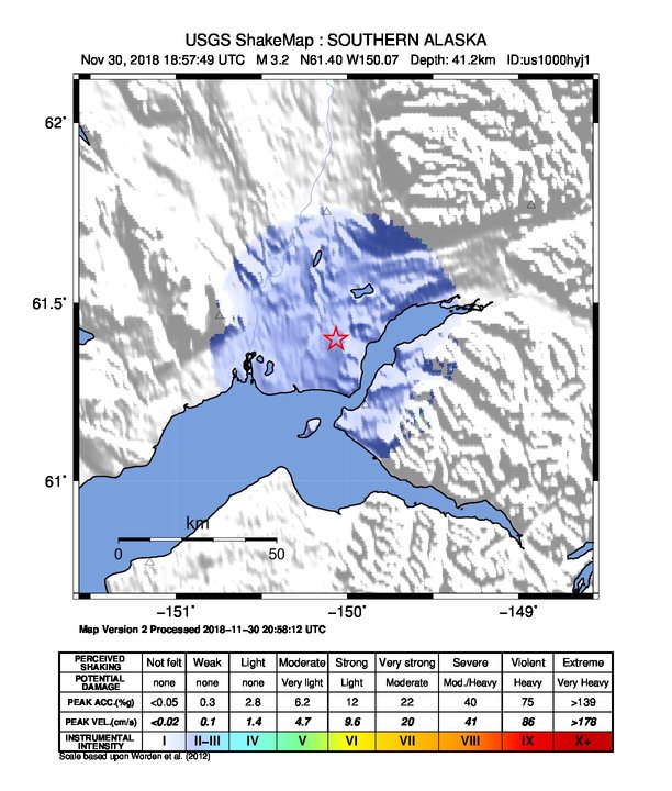 USGS ShakeMap: estimated shaking intensity around the epicenter