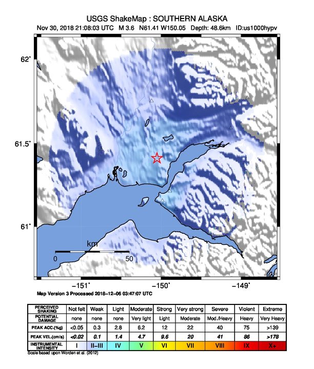 USGS ShakeMap: estimated shaking intensity around the epicenter