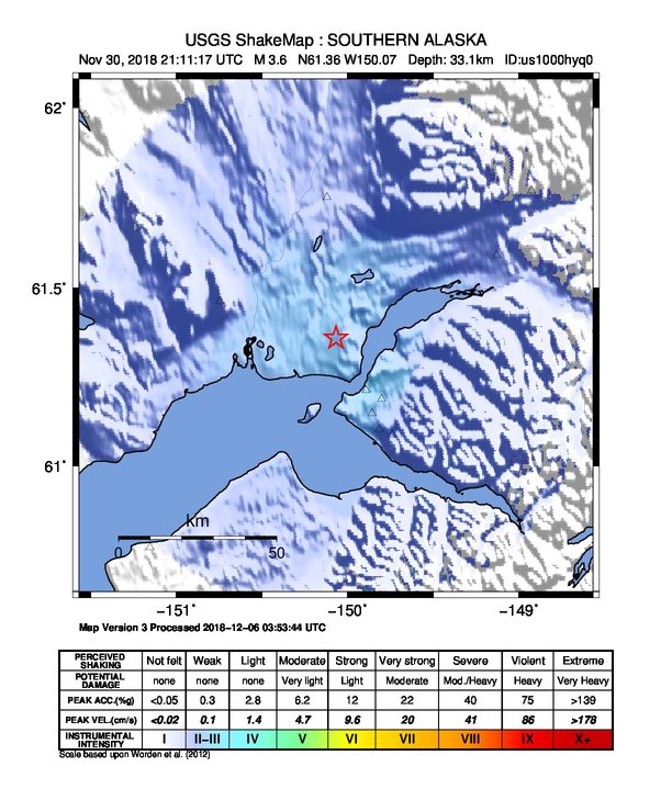 USGS ShakeMap: estimated shaking intensity around the epicenter