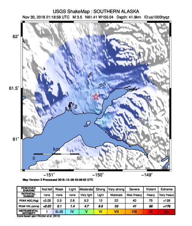 USGS ShakeMap: estimated shaking intensity around the epicenter