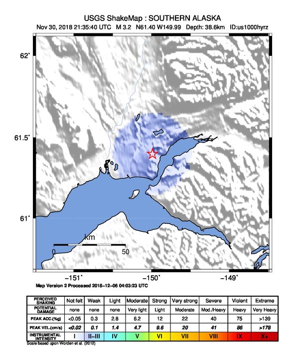 USGS ShakeMap: estimated shaking intensity around the epicenter