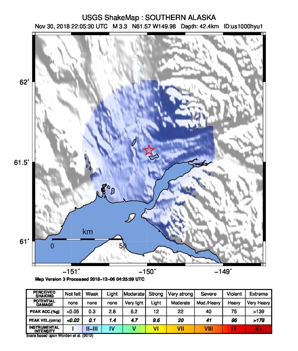 USGS ShakeMap: estimated shaking intensity around the epicenter