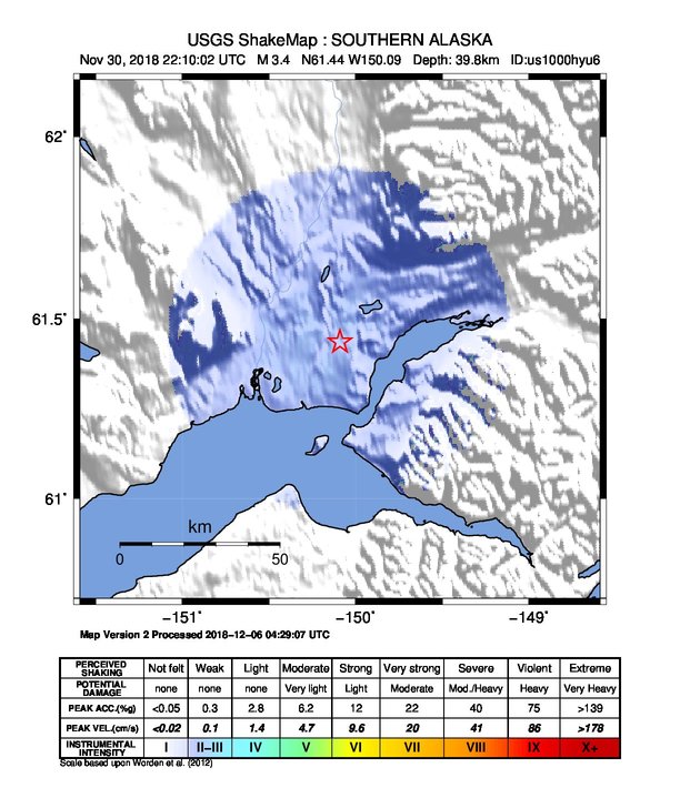 USGS ShakeMap: estimated shaking intensity around the epicenter