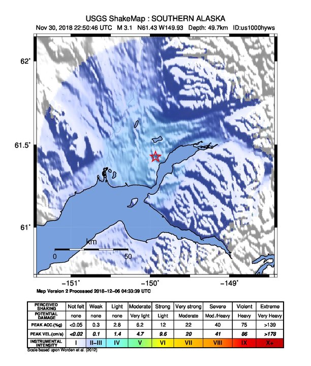 USGS ShakeMap: estimated shaking intensity around the epicenter