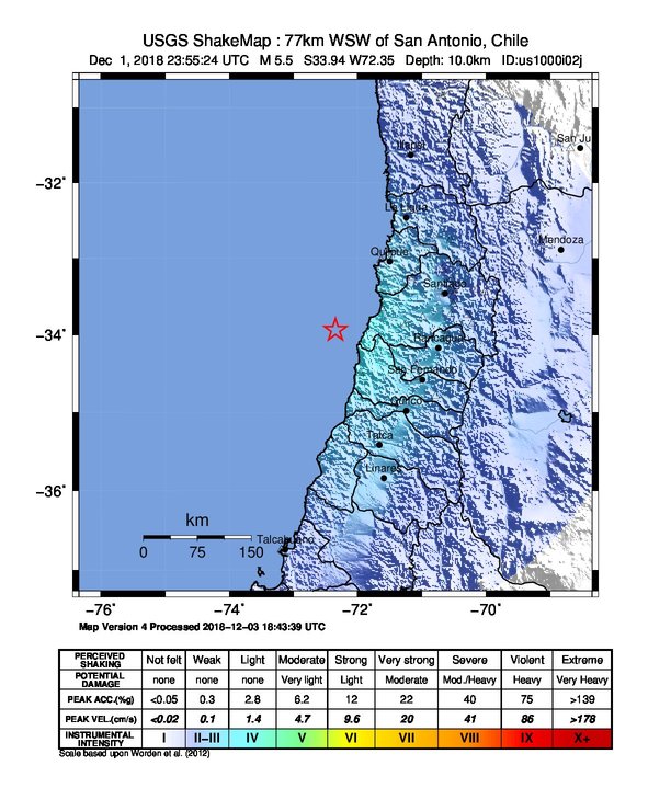 USGS ShakeMap: estimated shaking intensity around the epicenter