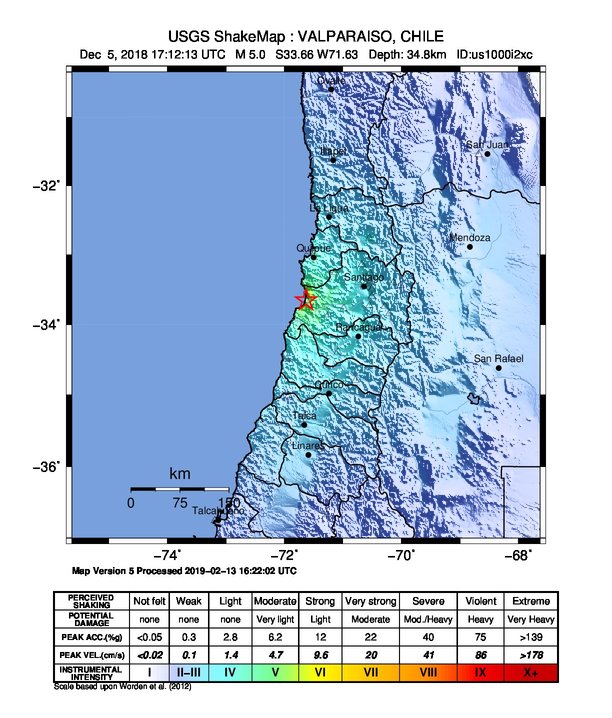 USGS ShakeMap: estimated shaking intensity around the epicenter