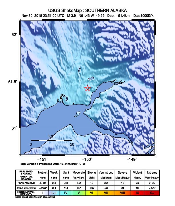 USGS ShakeMap: estimated shaking intensity around the epicenter