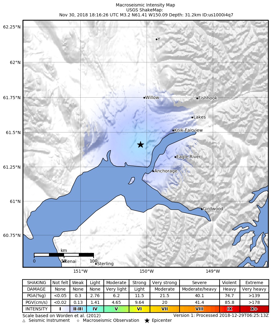 USGS ShakeMap: estimated shaking intensity around the epicenter