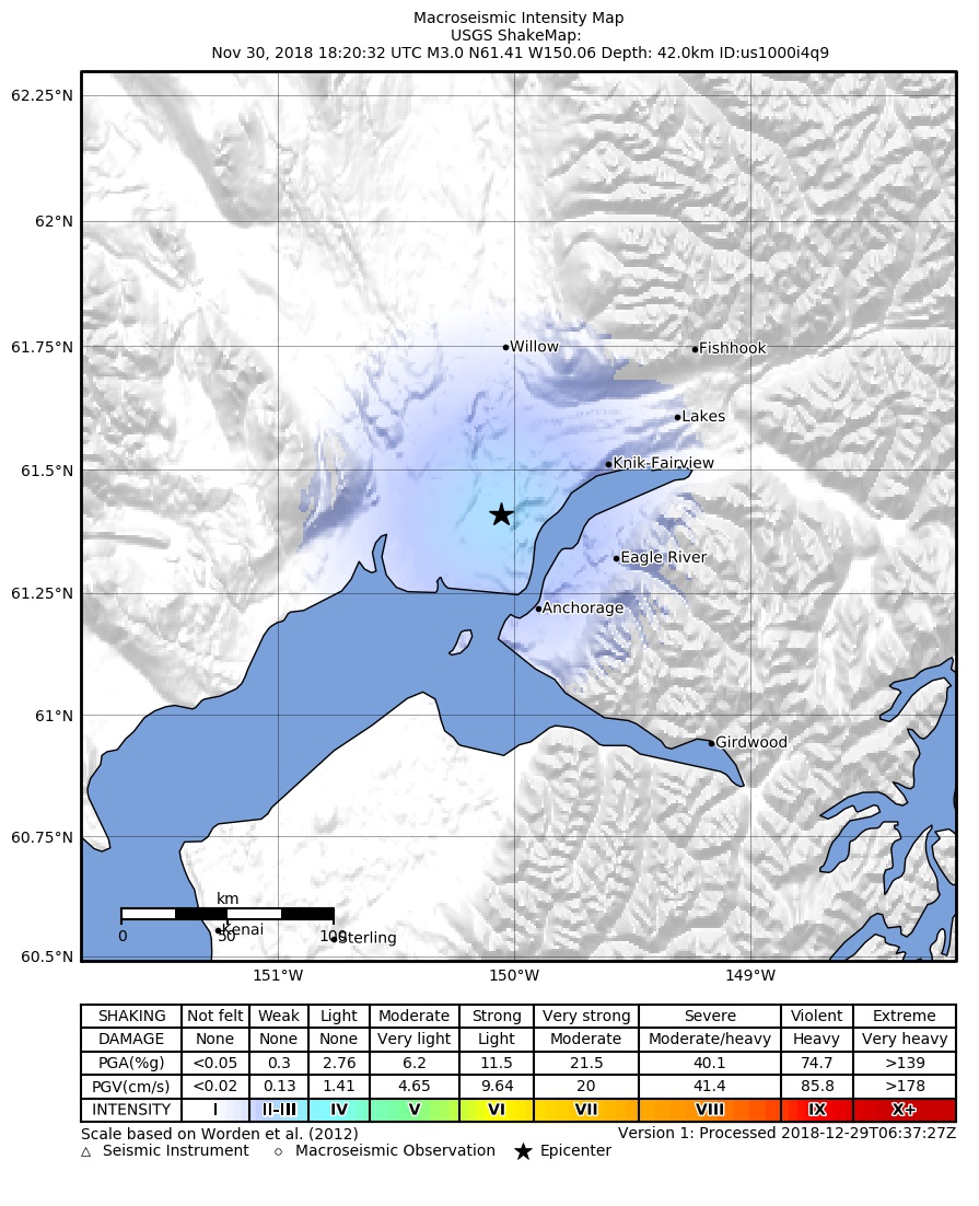 USGS ShakeMap: estimated shaking intensity around the epicenter