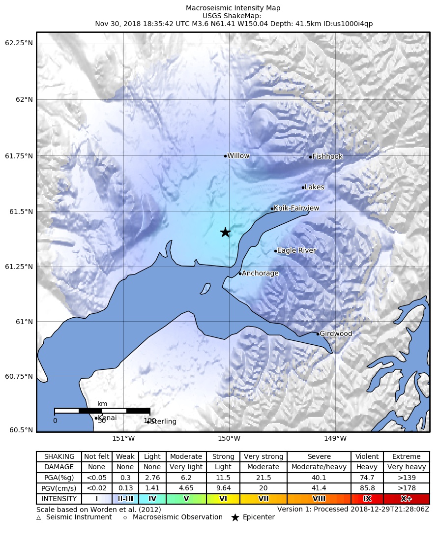 USGS ShakeMap: estimated shaking intensity around the epicenter