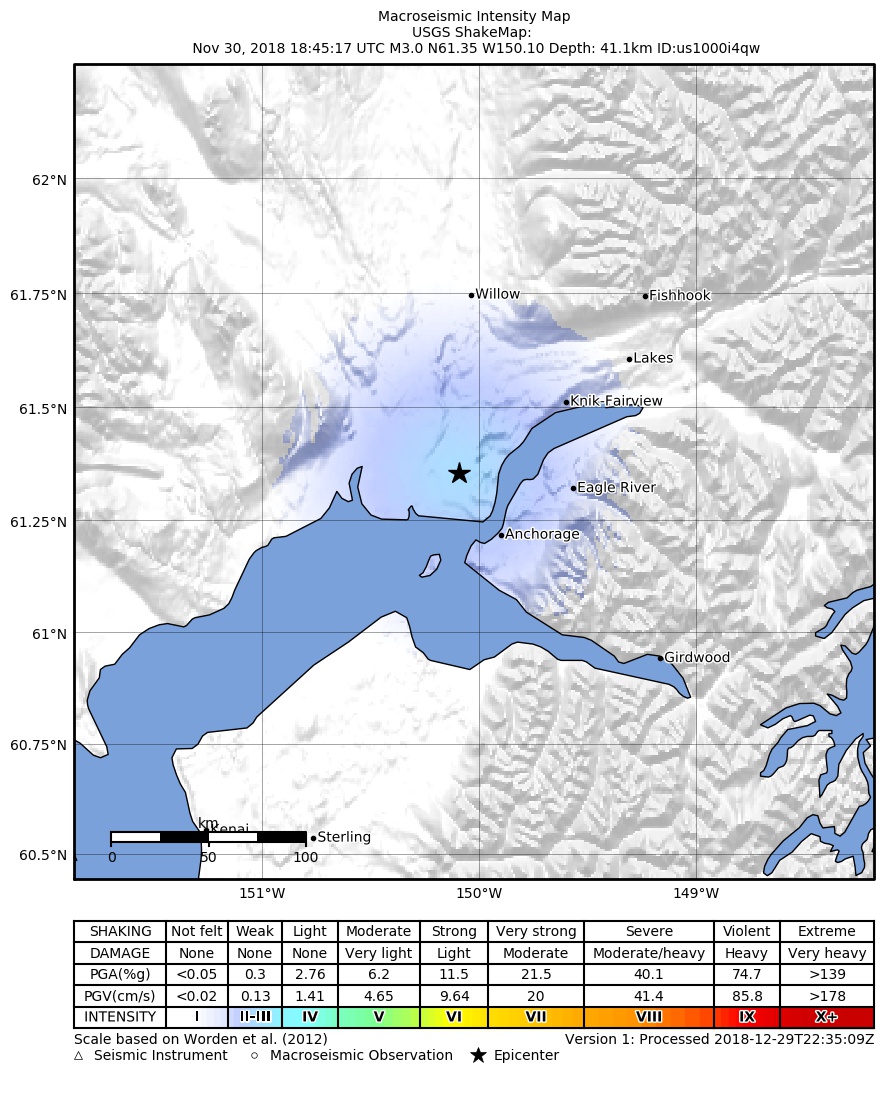 USGS ShakeMap: estimated shaking intensity around the epicenter