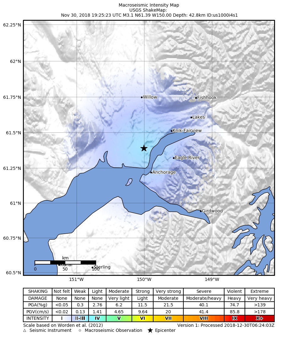 USGS ShakeMap: estimated shaking intensity around the epicenter
