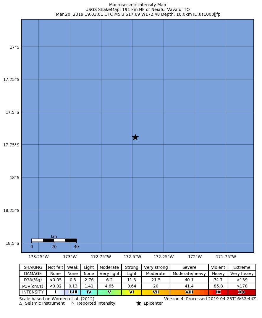 USGS ShakeMap: estimated shaking intensity around the epicenter
