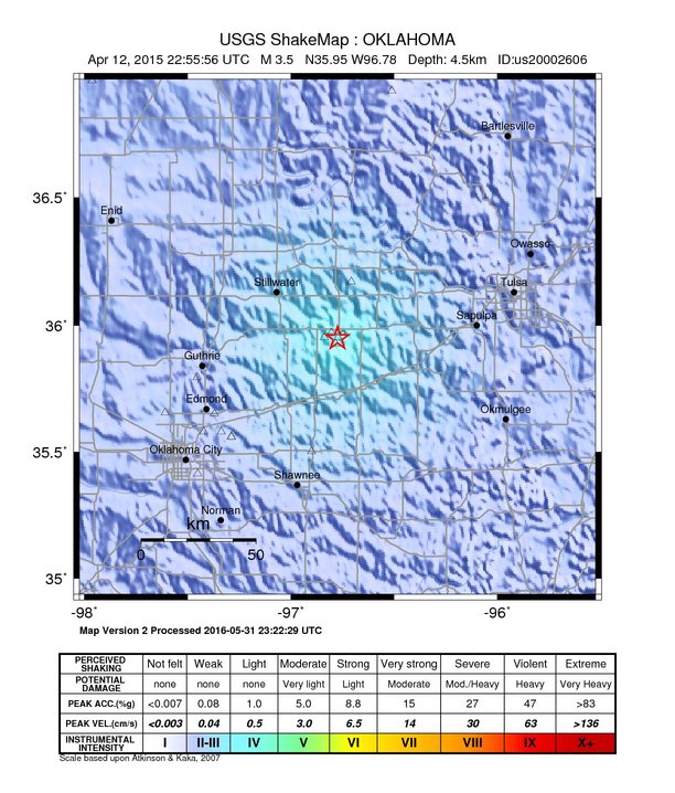 USGS ShakeMap: estimated shaking intensity around the epicenter