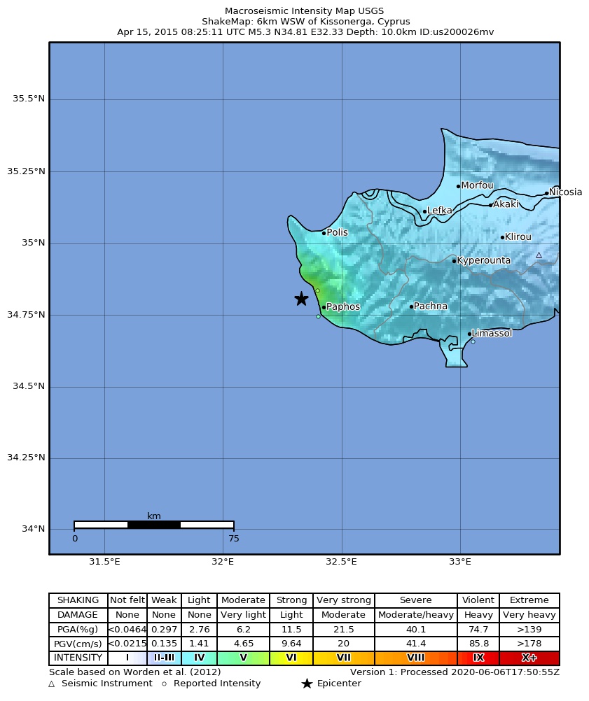 USGS ShakeMap: estimated shaking intensity around the epicenter
