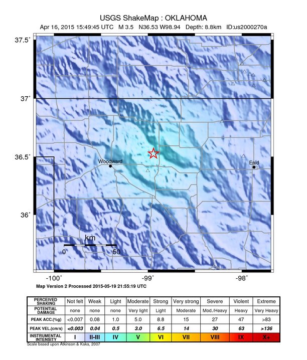 USGS ShakeMap: estimated shaking intensity around the epicenter