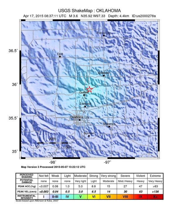 USGS ShakeMap: estimated shaking intensity around the epicenter