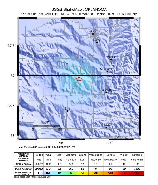 USGS ShakeMap: estimated shaking intensity around the epicenter
